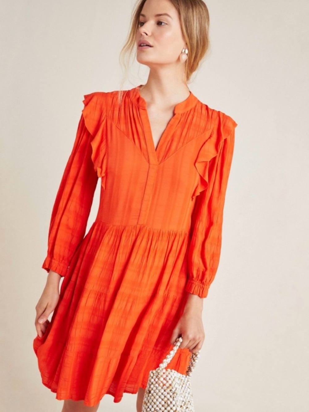 AMADI Anthropologie Orange Rossi Ruffled Dress Long Sleeve Romantic Prairie XL